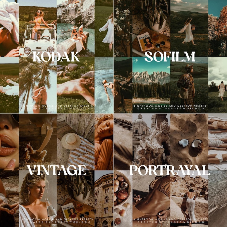 May include: A collage of images showcasing Lightroom mobile and desktop presets with the names "Kodak", "Sofilm", "Vintage", and "Portrayal". The presets are designed to give photos a vintage, film-like look.