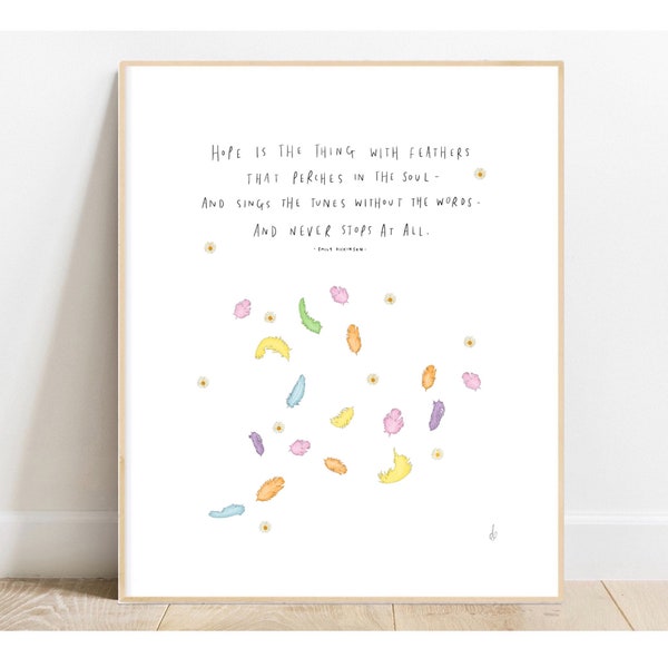 Hoop is het ding met veren door Emily Dickinson / Art Print Tekening Poster Citaat Gedicht Mindful Inspirational A3 A4 A5