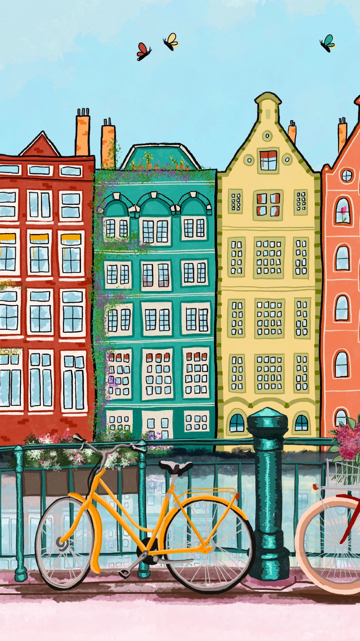 Poster Dessin de la main couleur, vue sur la ville d'Amsterdam maisons  typiques et le pont, Hollande, Pays-Bas. image faite liner et marqueurs 