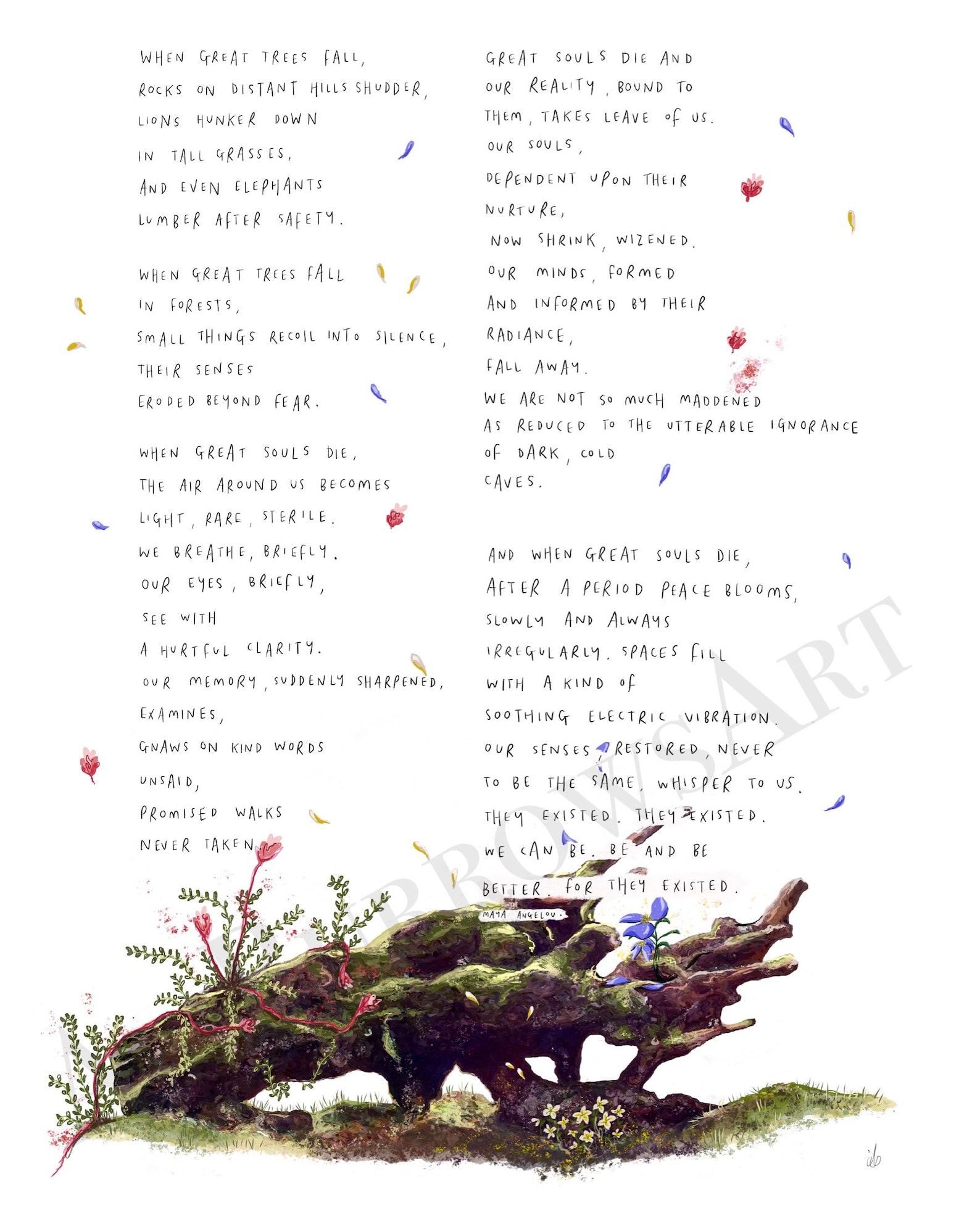 When Great Trees Fall by Maya Angelou / Art Print Drawing Etsy