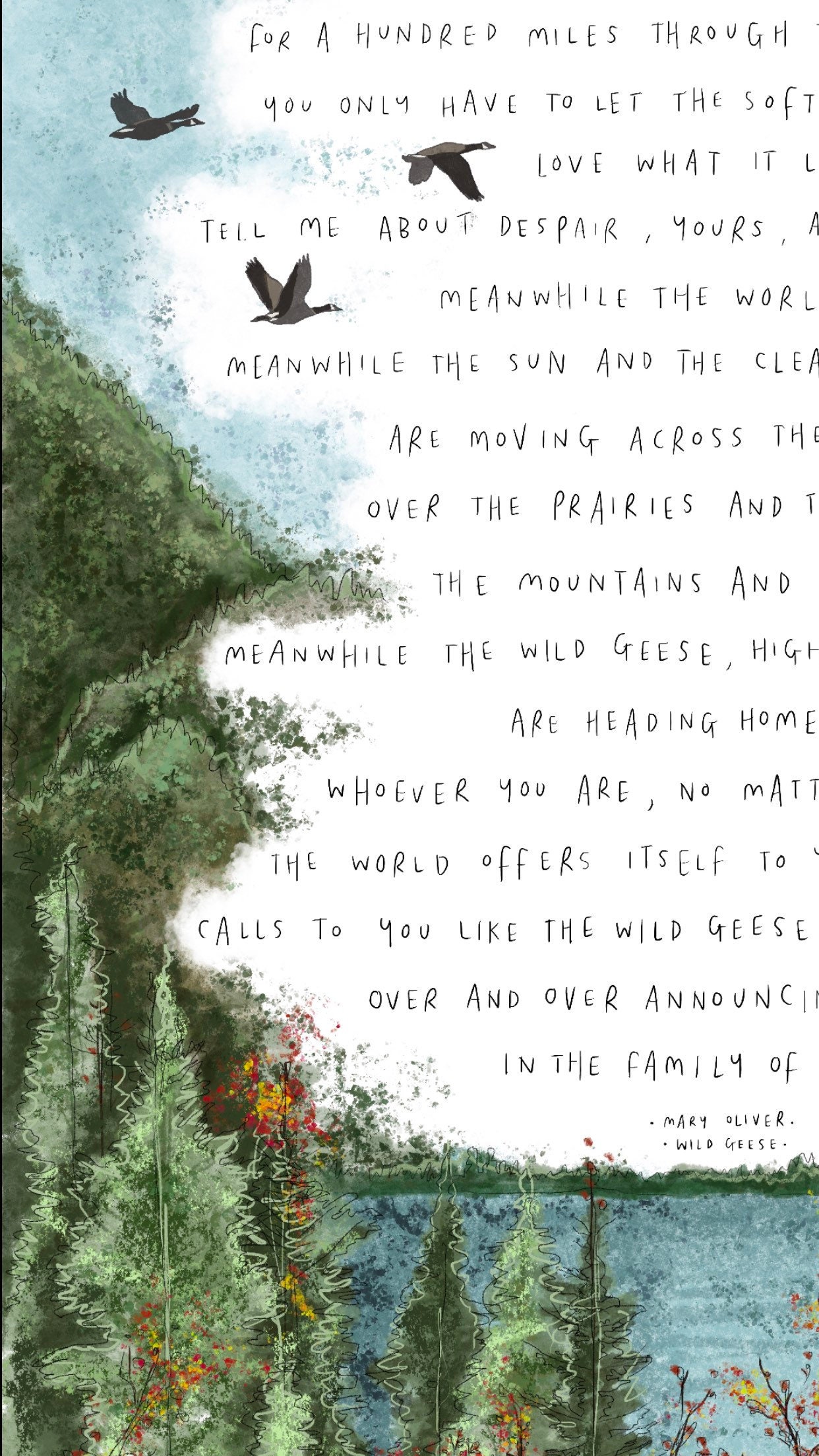 Wild Geese by Mary Oliver / Poem Art Print Poster Drawing Illustration  Painting Nature Birds Meditation Mental Health Water Lake - Etsy