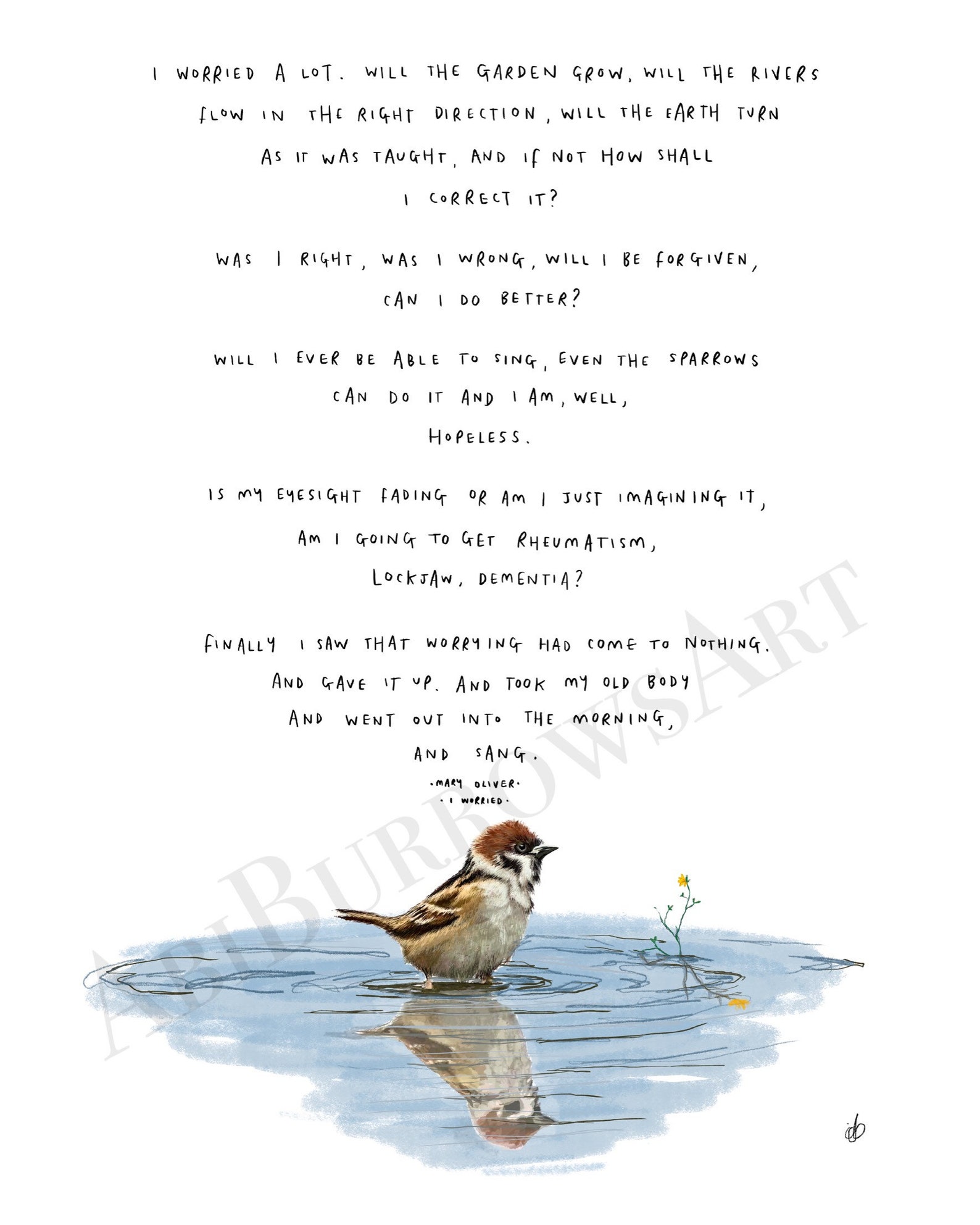 I Worried by Mary Oliver / Birds Sparrow Poem Art Print Poster | Etsy