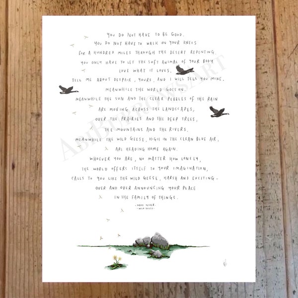 Wildgänse von Mary Oliver / Gedicht Kunstdruck Poster Zeichnung Illustration Malerei Natur Vögel Löwenzahn Blume A1 A2 A3 A4 A5