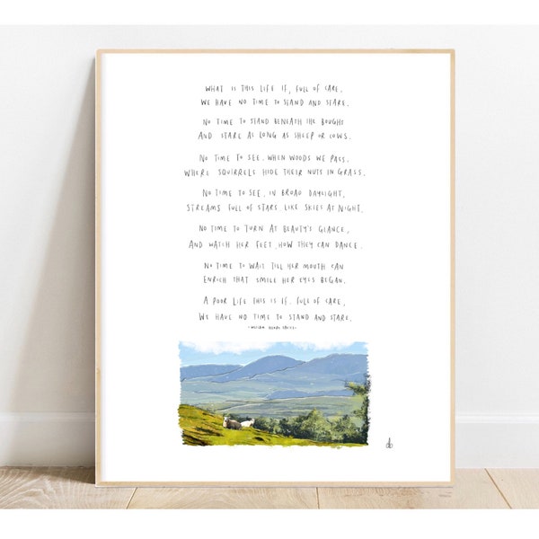 Freizeit von William Henry Davies / Kunst Druck Zeichnung Gedicht Landschaft Landschaft Gemälde Seenplatte Wandern Poesie Berge Hügel