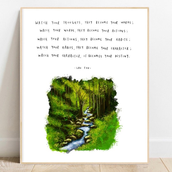 Regardez vos pensées, elles deviennent vos mots par Lao Tseu / Citation Poster impression d'art La nature de la rivière renforce la santé mentale et le bonheur de vivre