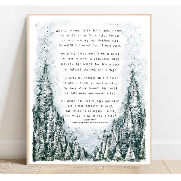 Stopping By Woods On A Snowy Evening by Robert Frost / Drawing Painting Watercolour Trees Pine Forest Poem Art Print Poster Nature A3 A4 A5