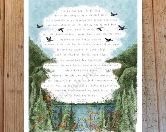 Wild Geese by Mary Oliver / Poem Art Print Poster Drawing Illustration Painting Nature Birds Meditation Mental Health Water Lake