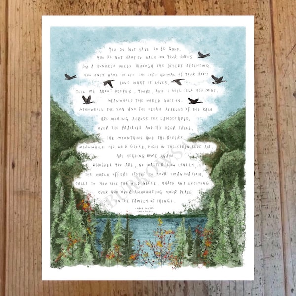 Wildgeese von Mary Oliver / Gedicht Kunstdruck Poster Zeichnung Illustration Malerei Natur Vögel Meditation Mentale Gesundheit Wasser See