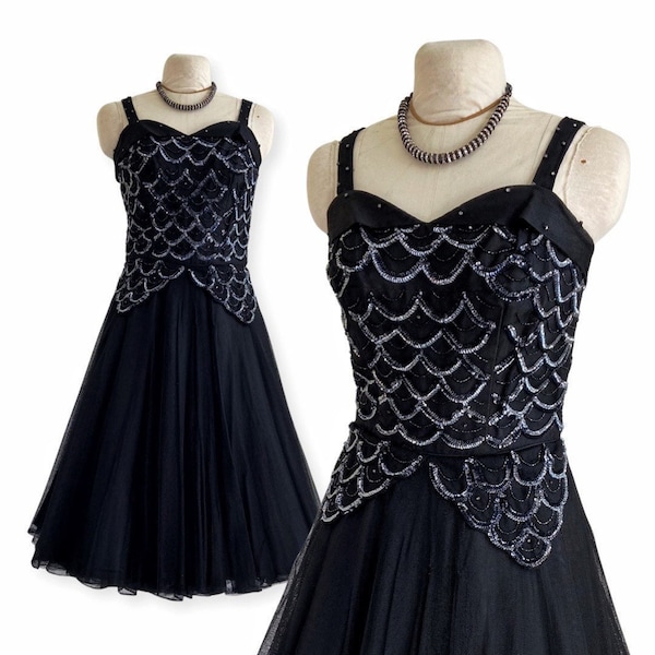 Vintage 1950s Sequin Dress, 50s Tulle Dress, XS