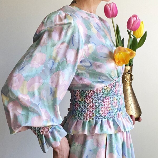 80s Floral Silk Skirt Suit Set, Puff Sleeve with Ruching, by Anne Crimmins for Umi Collections