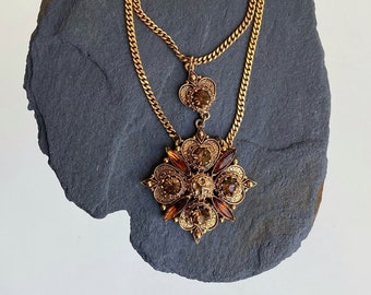 Vintage 1950s signed Florenza Gold Tone Statement Necklace, Rhinestone Pendant, Double Chain