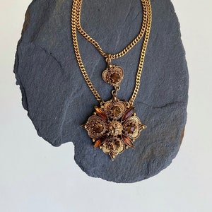 Vintage 1950er Jahre signiert Florenza Goldfarbene Statement Halskette, Strass Anhänger, Doppelkette