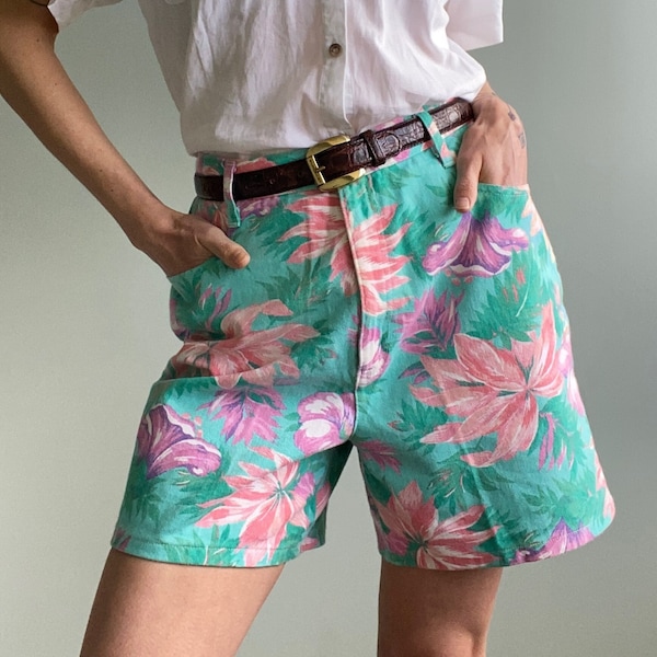Vintage 90s Floral Denim Shorts, W30, 30" waist, Medium