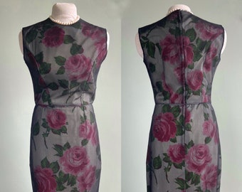 Vintage 1960s Floral Silk Chiffon Wiggle Dress, XS