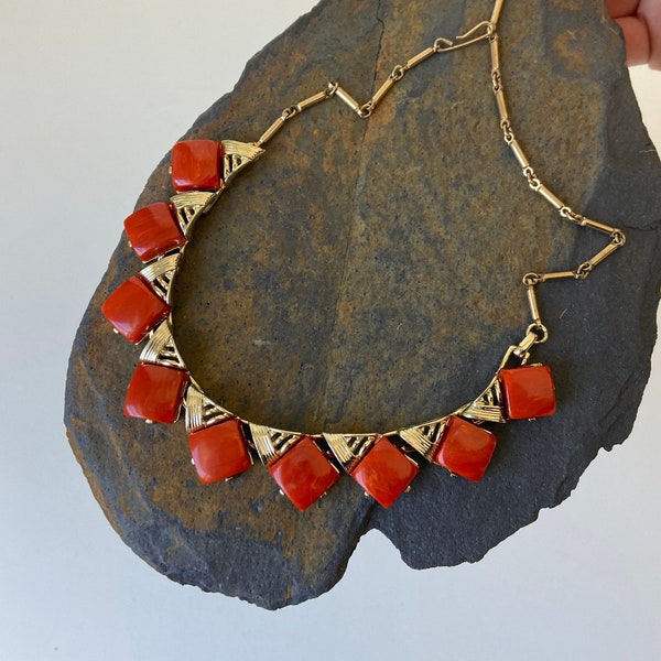 Vintage Midcentury Coro Thermoset Choker Necklace in Firebrick Red