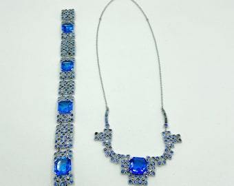 Vintage Art Deco Style Blue Cut Glass and Marcasite Necklace and Bracelet Set