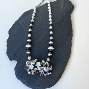 Vintage Milk Glass with Black Glass & Rhinestone Pendant Necklace