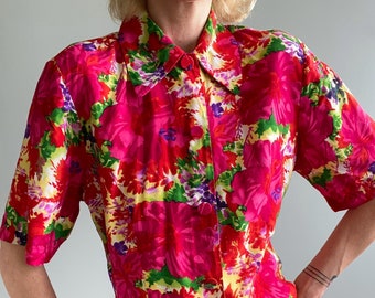 Vintage 1990s Floral Print Rayon Blouse, Small