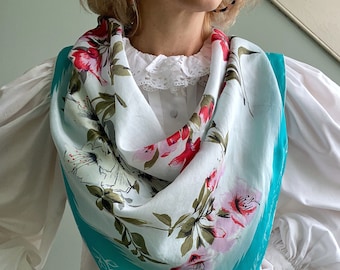 Vintage 50s 60s 100% Rayon Square Floral Scarf, Rolled Edges, Made in Japan, 28"