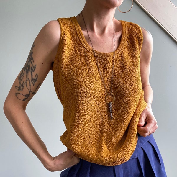 Vintage 70s Sleeveless Top, Mustard Yellow, Medium