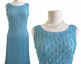 Vintage 1960s Beaded Lace Dress, Beaded Cocktail Shift Dress, Small to Medium