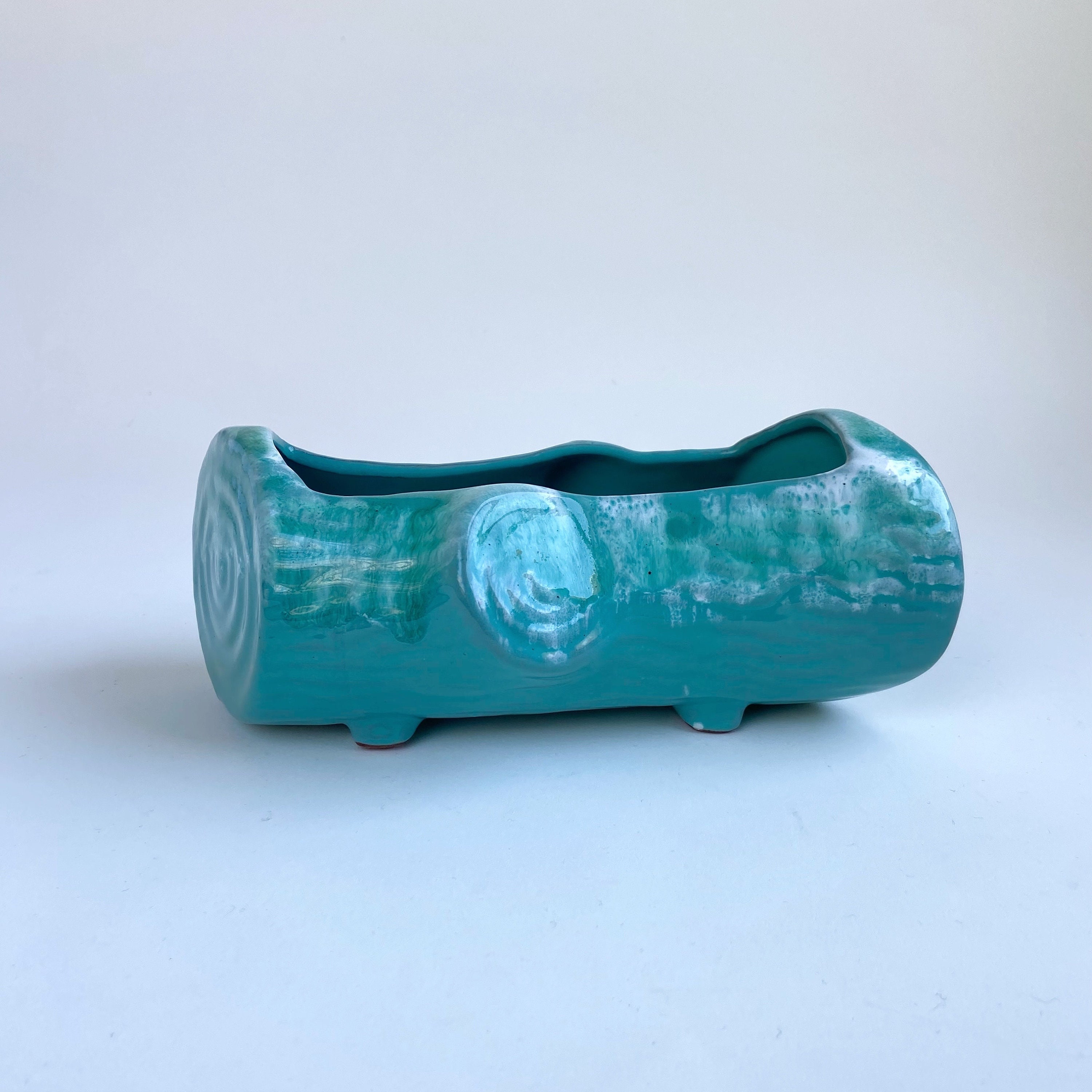 Vintage 1960s Turquoise Log Planter, Ceramic Drip Glaze Mini Plant Pot, Made in Canada