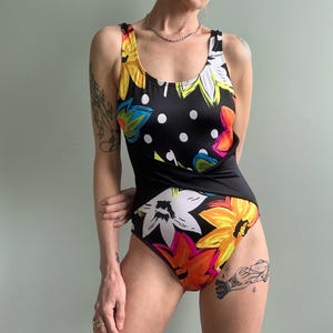 Vintage 1980s Floral Print One Piece Bathing Suit, Small