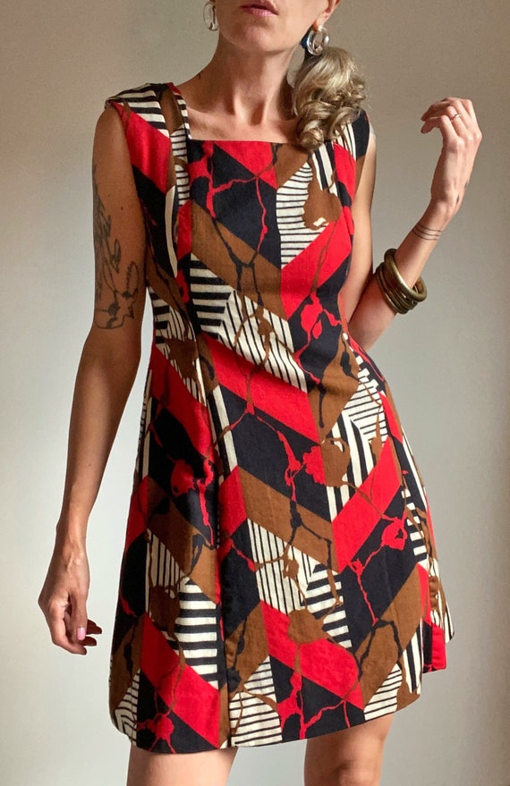 1960s Abstract Print Wool Mod Mini Dress