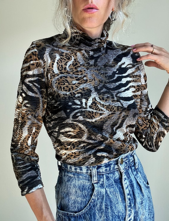 1990s Textured Zebra & Leopard Animal Print Top