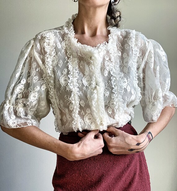 Vintage 1950s Ecru Lace Nylon Puff Sleeve Blouse,