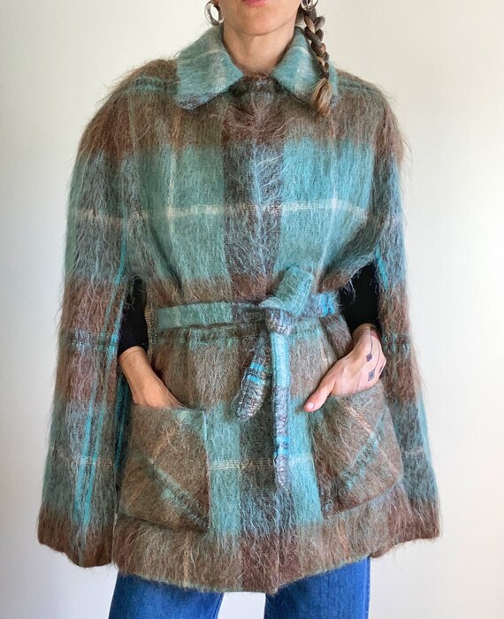 Vintage 60s Scottish Mohair Wool Tartan Cape with