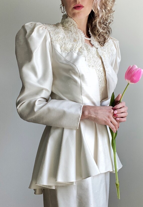 1980s Beaded Wedding Dress and Jacket with puff sl