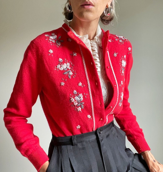 1950s Embroidered Red Wool Cardigan