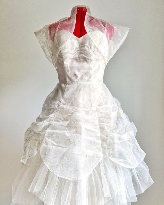 1950s Embroidered Tulle Princess Wedding Dress wit