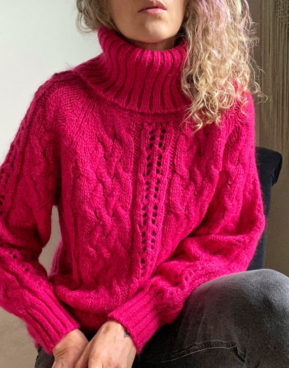 Vintage Magenta Mohair Hand Knit, Turtleneck Pullo