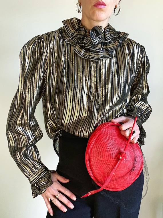 80s metallic ruffle collar blouse, size large