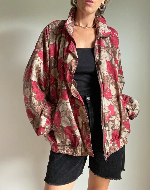 1980s Silk Autumn Leaf Print Bomber Jacket, XL