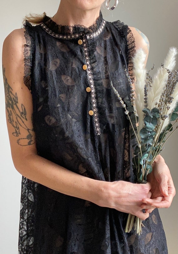Vintage 60s Black Lace Bed Dress, Midcentury Linge