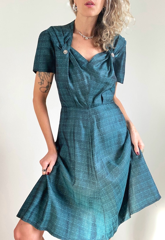 1950s Teal Sheath Dress with Sweetheart Neckline &