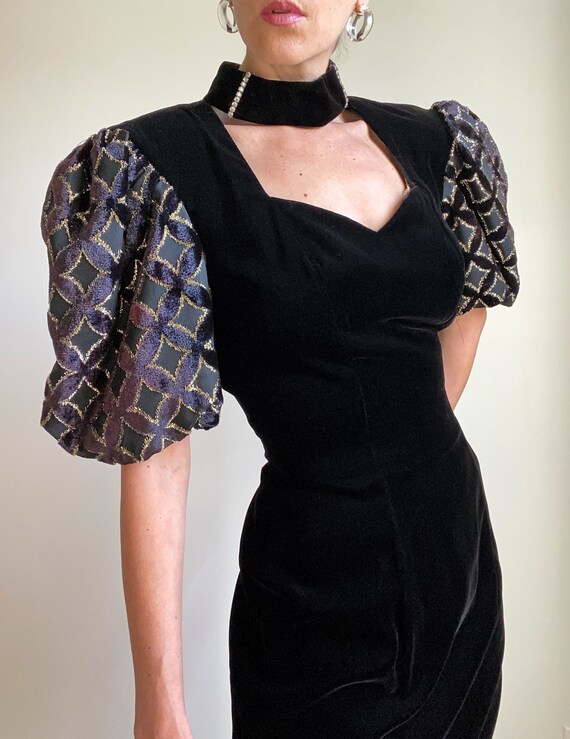 1980s ALGO Velvet Party Dress with Balloon Puff Sl