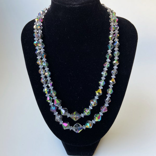 Vintage 1950s Continental Aurora Borealis Graduated Faceted Crystal Two Strand Necklace