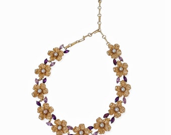 Vintage Midcentury Signed Coro Gold Dogwood Flower Rhinestone Necklace, Free earrings