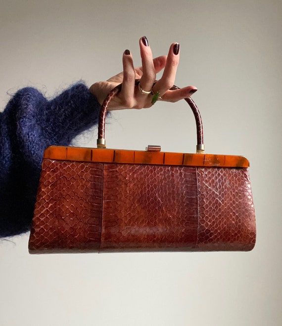 Vintage 60s Snakeskin Structured Handbag with Tige