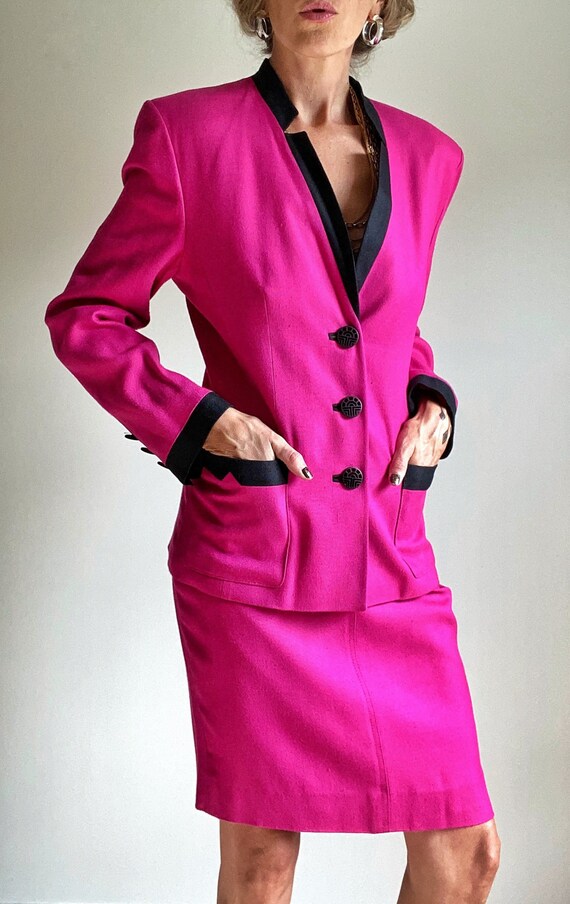 1980s Louis Feraud Designer Fuchsia Skirt Suit