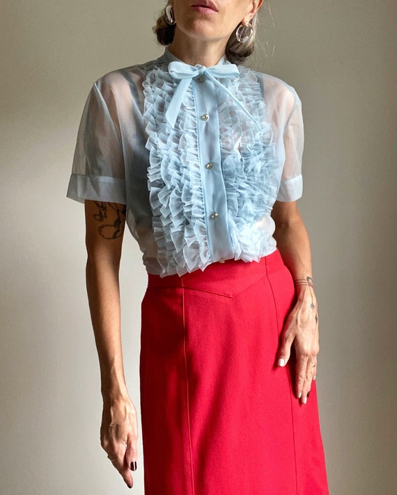 1950s Semi Sheer Tuxedo Blouse with Bow Collar