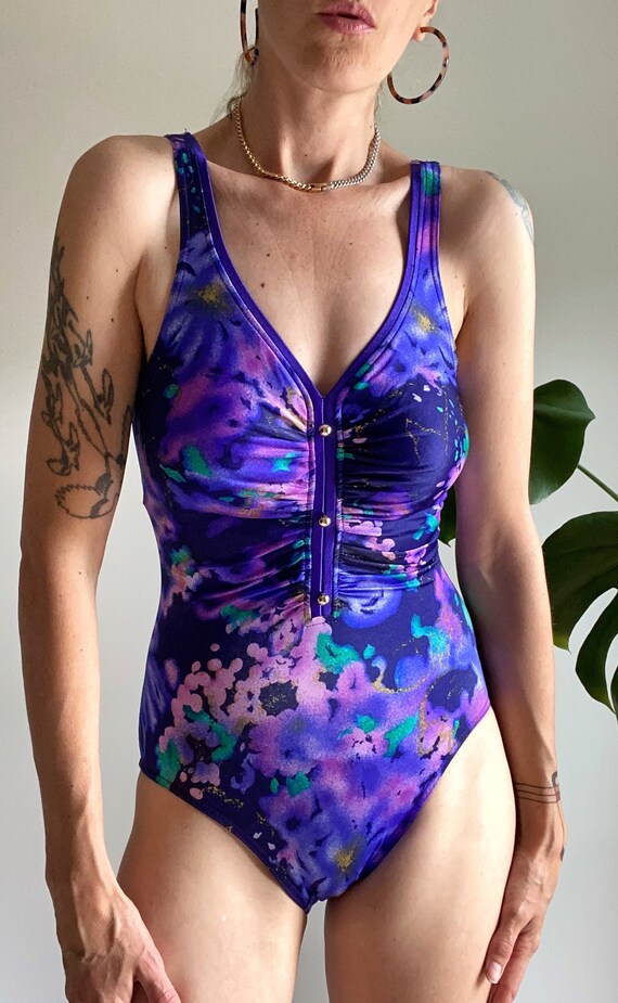 80s Floral One Piece Swimsuit with Gold Buttons