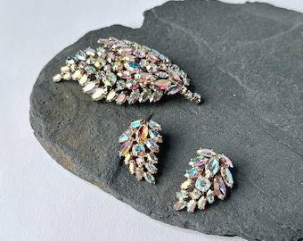 Vintage Signed Sherman Rhinestone Brooch Pin & Clip On Earring Set, Aurora Borealis