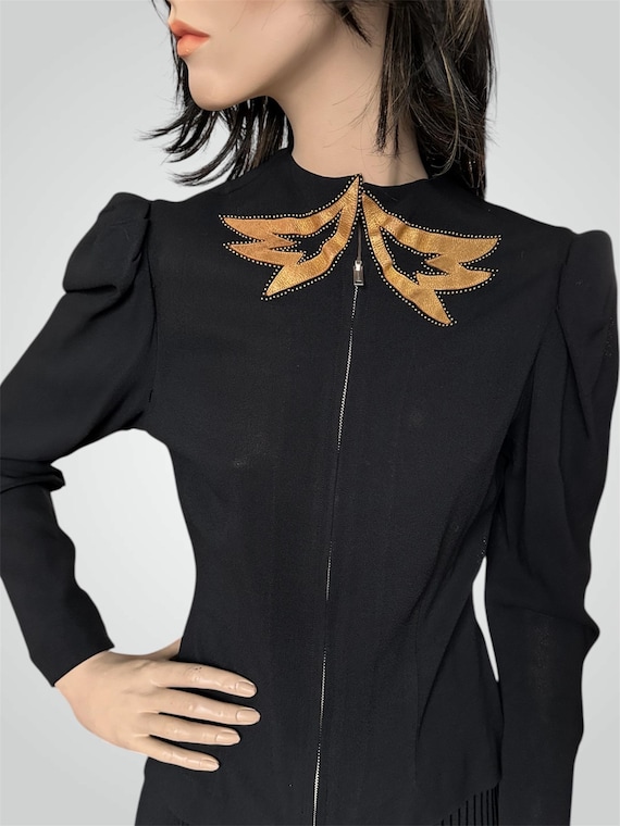 Vintage 1930s Zip Up Jacket or Blouse with Gold Leather and Studding, XS