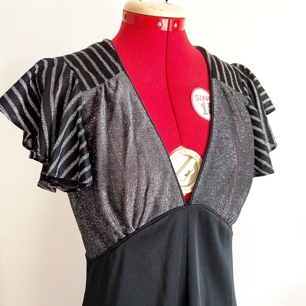 70s Black with Silver Lurex Ruffle Sleeve Maxi Dress, size medium-large
