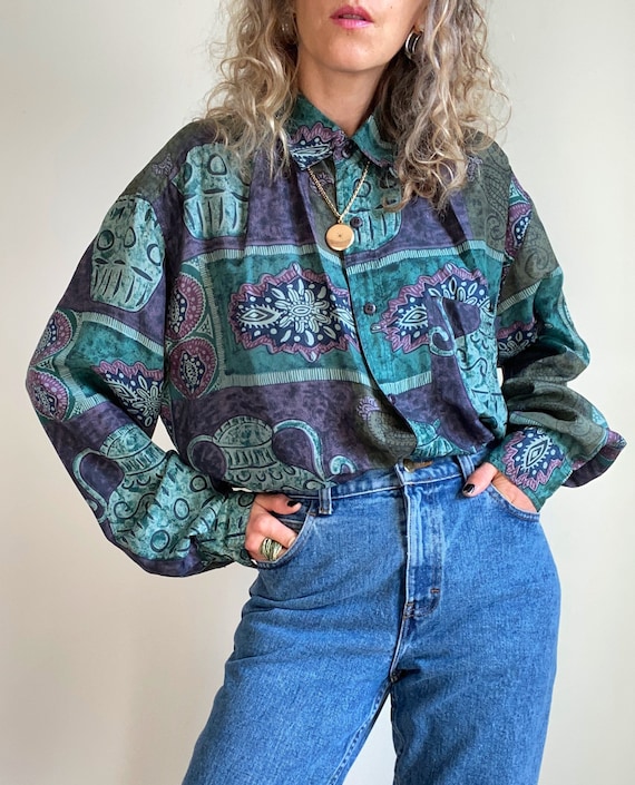 1990s Pottery Novelty Print Silk Blouse, Size 1X